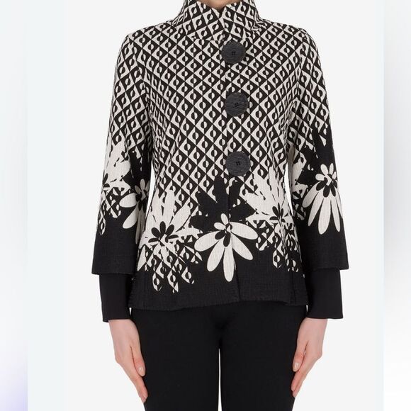 Joseph Ribkoff Black and White Blazer with Geometric and Floral Patterns - Picture 5 of 12